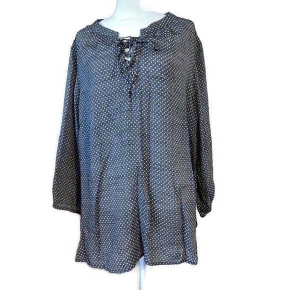 Womens Plus 2X Boho Career Casual Grey Polk Dot Bell Sleeve Lace Up Neck Blouse - Picture 1 of 13